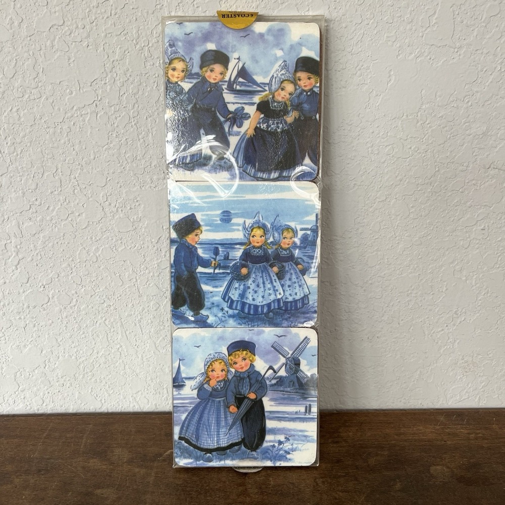 6 Dutch Scenes Blue Boy and Girl Cork board Back Drink Coasters Barware Decor